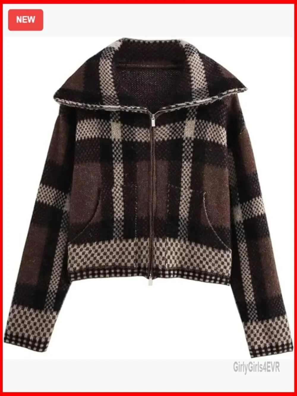 Vintage Checkered Cardigan Sweater Zip Up Knit Jacket Long Sleeve - Picture 1 of 7